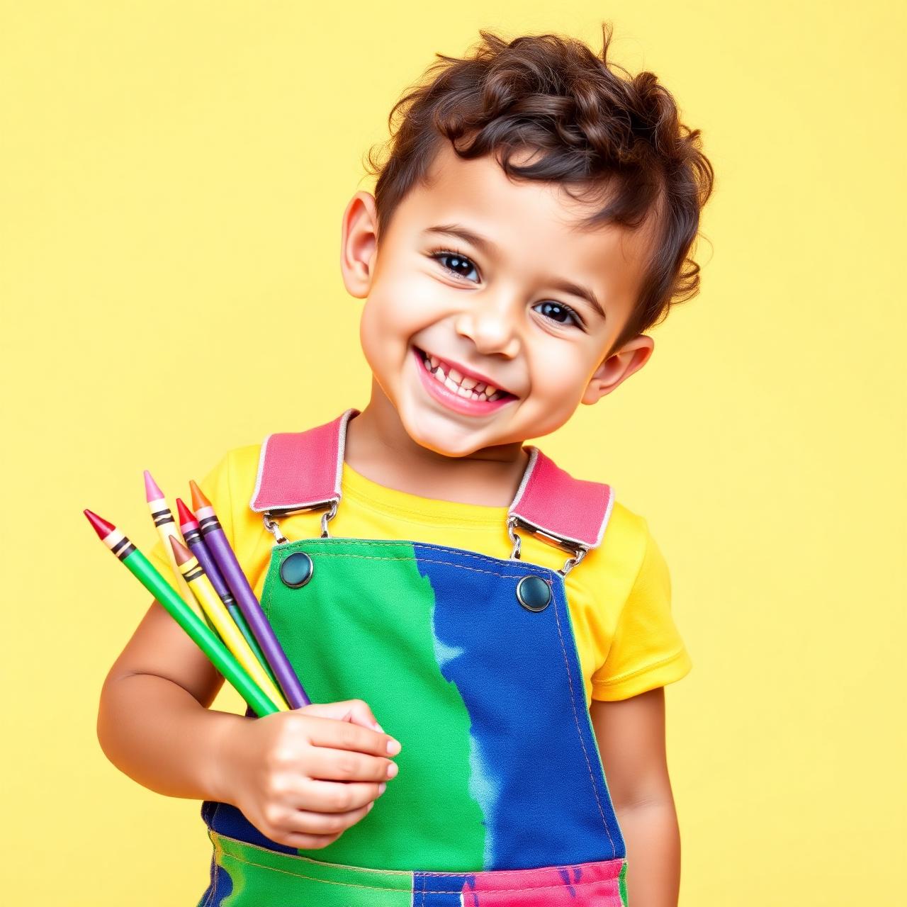 A joyful child holding crayons